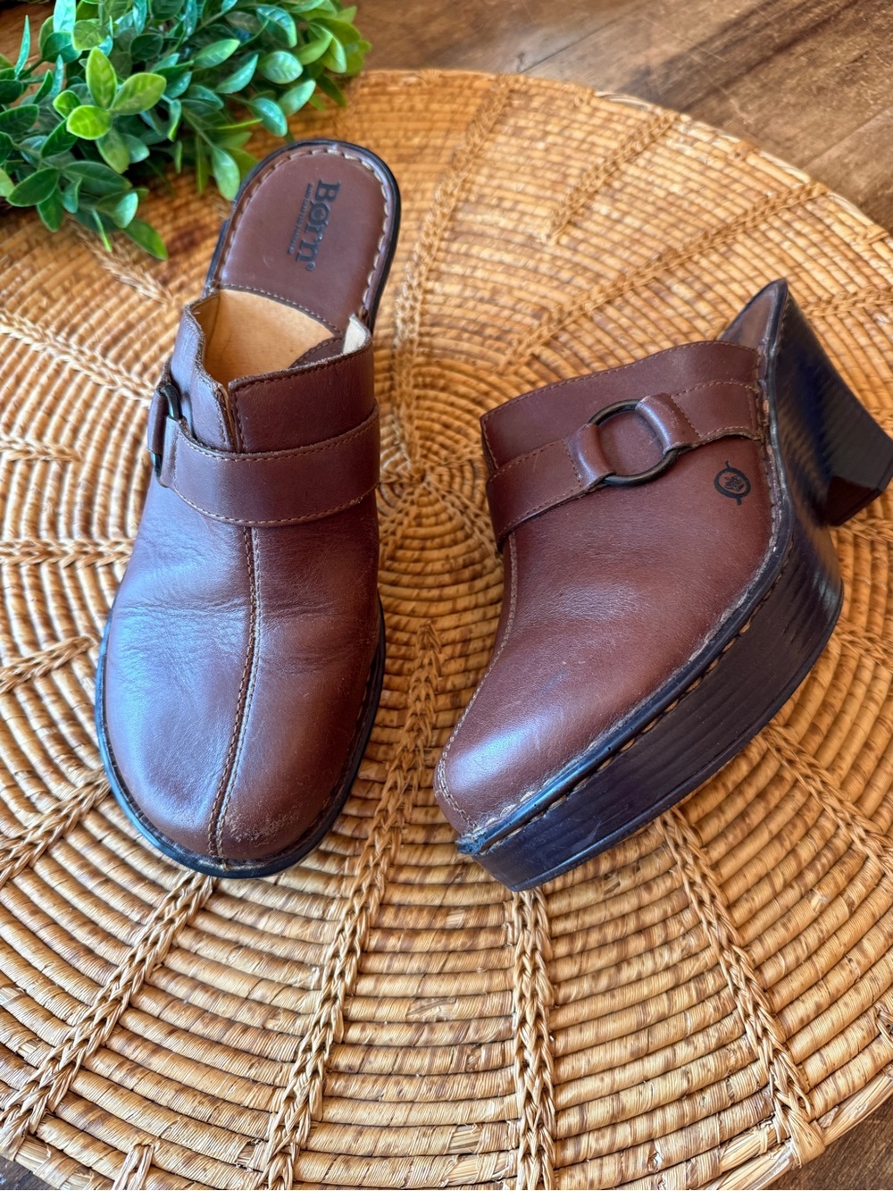 Born Brown Leather Heel Mules with Ring Accent